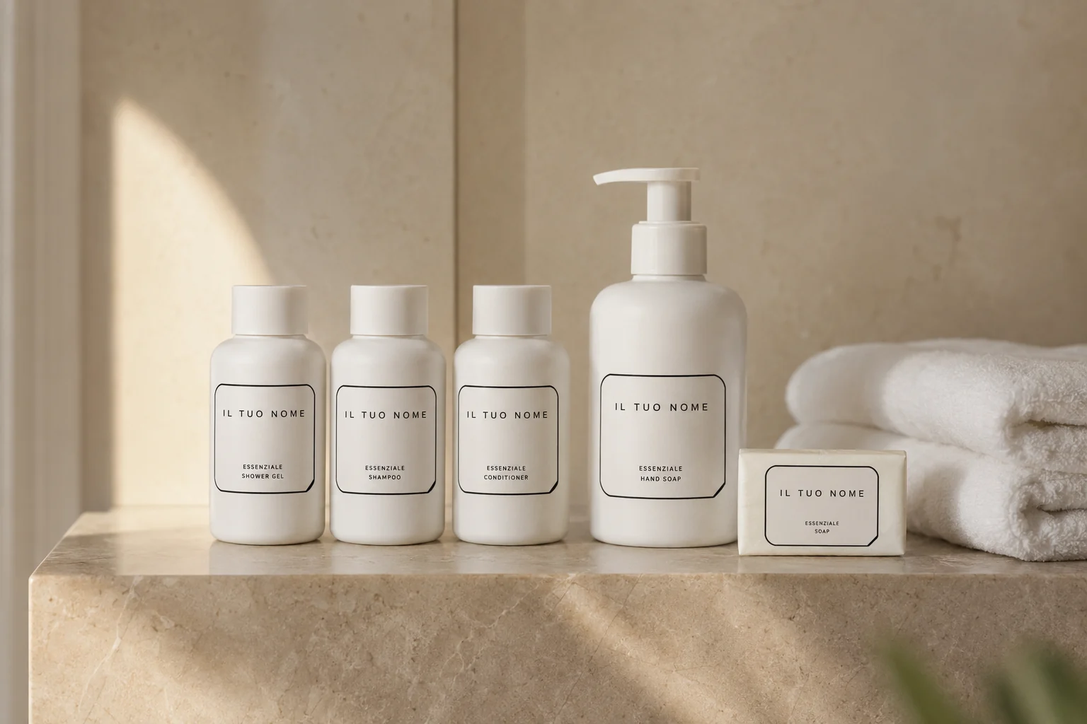 Kit cortesia della linea Essenziale sul bordo vasca di un bagno in marmo, accanto agli asciugamani. Rendering di riferimento generato con intelligenza artificiale.