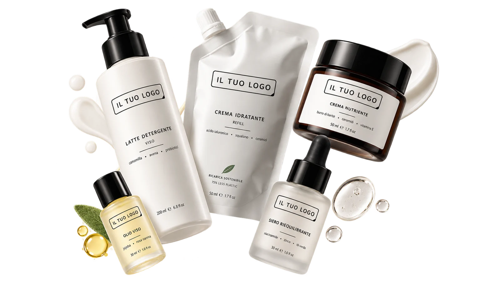 Una linea di cosmetici con l'etichetta Il tuo logo: latte detergente con pompa, ricarica, vasetto di crema, siero e olio viso. Rendering di riferimento generato con intelligenza artificiale.