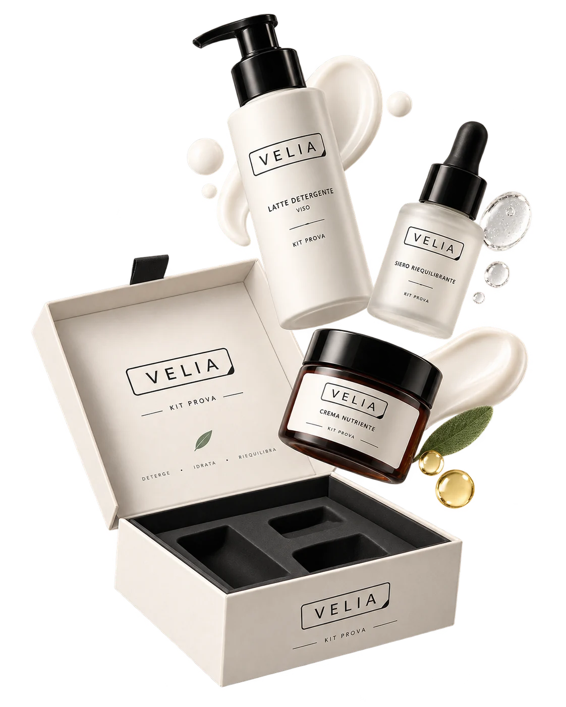 La scatola del kit prova Velia aperta, con latte detergente, siero e crema. Rendering di riferimento generato con intelligenza artificiale.
