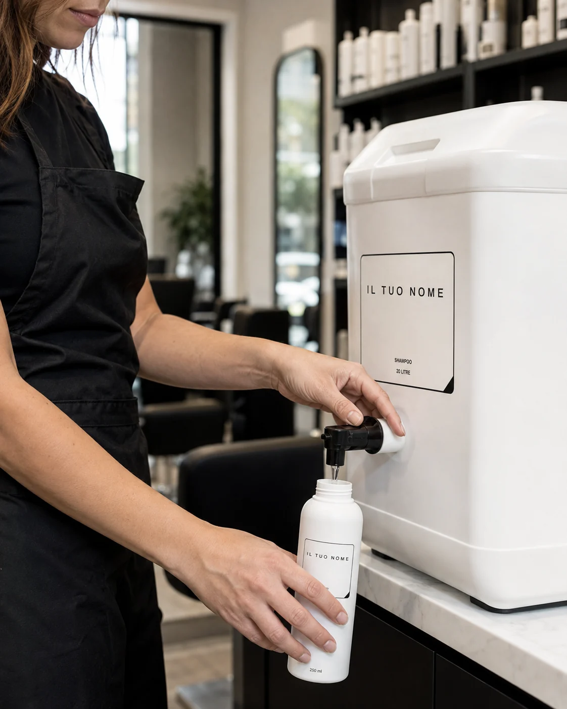 In salone, una parrucchiera riempie un flacone da 250 ml dalla tanica di ricarica Il tuo nome. Rendering di riferimento generato con intelligenza artificiale.